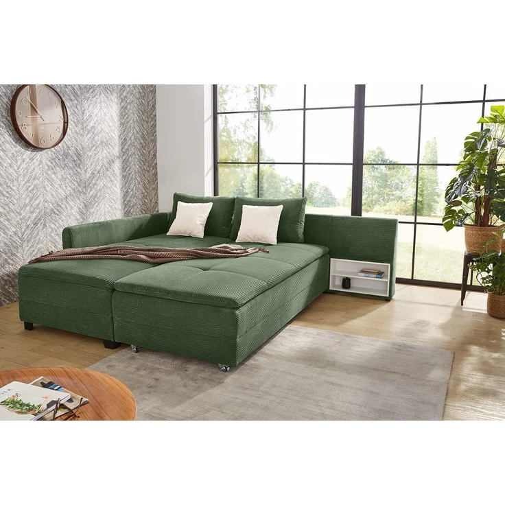 Ecksofa-Dauerschläfer Doppelbett Federkern Bettkasten Regal Couch in Cord Grün – Bild 5
