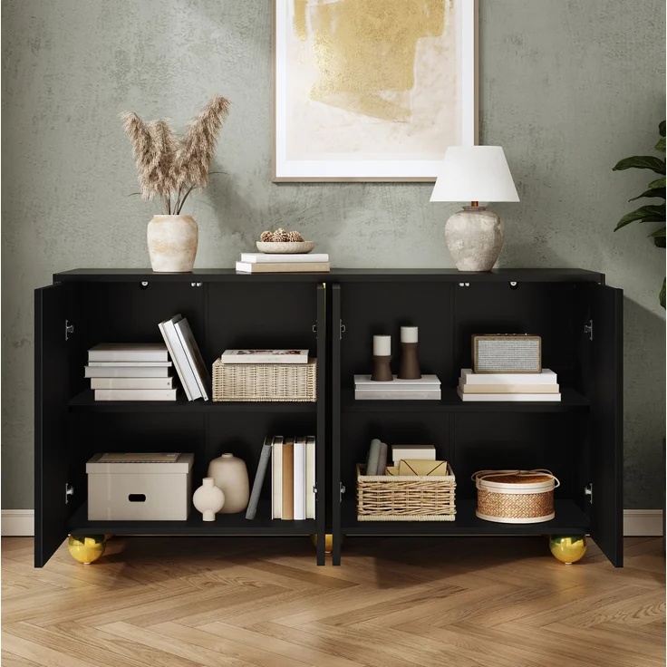 DESVIAE Sideboard Schwarz aus MDF/Spanplatte – 140x74x40 cm – 4 Türen, Gold-Bogendekor – Bild 5