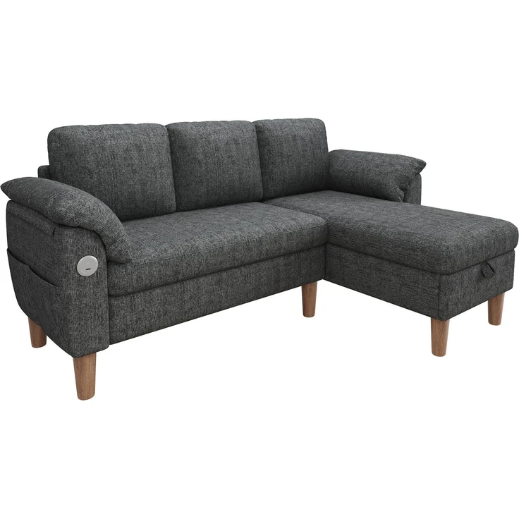 Merax L-förmiges Ecksofa, 3-Sitzer Sofa mit Stauraum-Chaiselongue, links/rechts montierbar, USB/Type-C-Ladeanschluss, Seitentasche, 2 halbfeste Armlehnenkissen, Chenille Stoff, Grau – Bild 8
