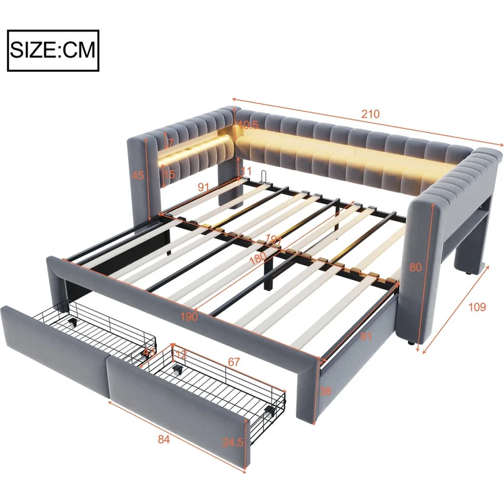 Ausziehbett 90/180×190 cm mit Bettkasten, LED, USB-Anschluss, Grau, ohne Matratze – Bild 5