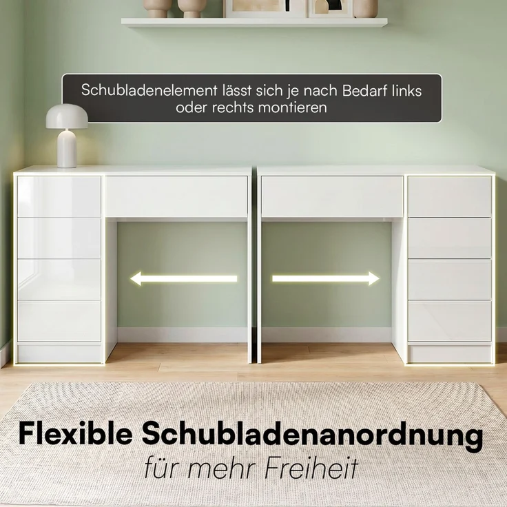 Bellamio 'Livny' Schreibtisch mit 5 Schubladen, beidseitig montierbar, weiß Hochglanz, 80x53x110 cm, Computertisch mit Stauraum, Bürotisch mit Push-to-open, geeignet als Schminktisch – Bild 3