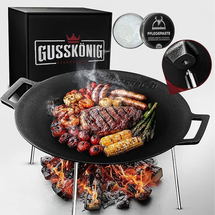 GUSSKÖNIG Gusseisen Grillplatte Ø42cm mit 3 Edelstahl Beinen Pflegepaste – Bild 1