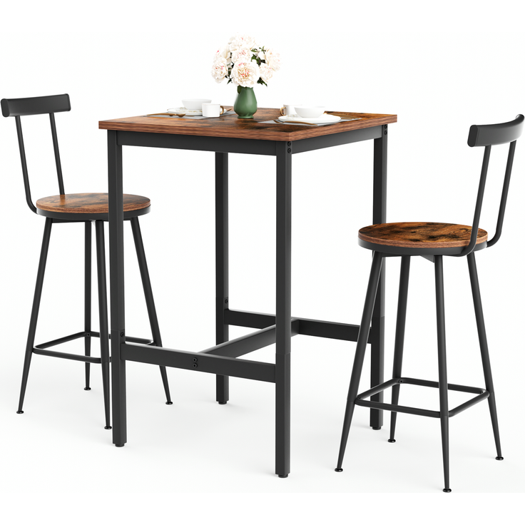 Bartisch-Set 60x60x92 cm mit 2 Hockern, industrial, rustikale Brauntöne, Stahlgestell und pflegeleichte Spanplatte – Bild 3