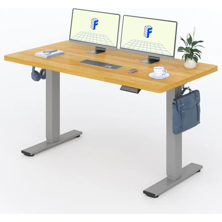 FLEXISPOT Höhenverstellbarer Schreibtisch 140×80cm, mit Haken und 25mm EINTEILIGER Tischplatte, ergonomischer Schreibtisch mit LED-Höhenanzeige und Memory-Funktion (Ahorn,Grau) – Bild 2