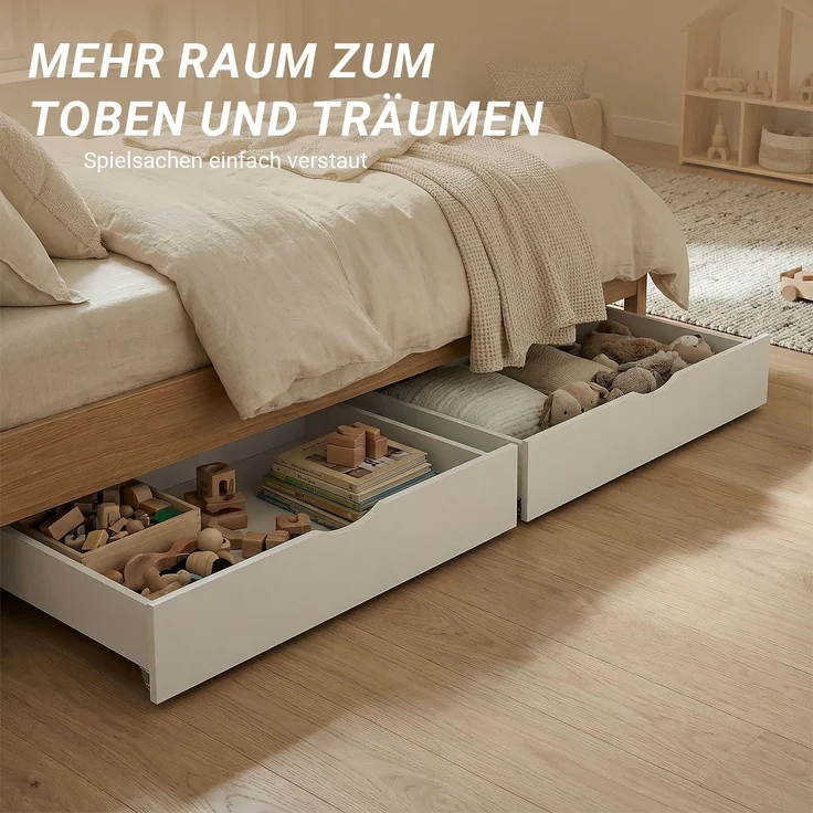 2 Schubläden Bett Bettkästen Auszug Aufbewahrung mit Rollen Holz Weiß Schubkästen – Bild 6