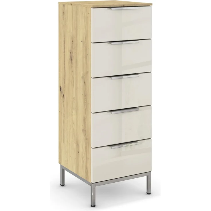 Rauch Möbel Flipp, Nachttisch für Schlafzimmer, Flur, Garderobe, 5 Schubladen, mit Softclose Funktion, Griffe und Metallkufe Chrom, Farbe Eiche Artisan, Holz/Glas Beige, Breite 40 cm