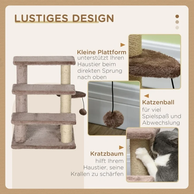 JARDJ Kratzbaum, Haustiertreppe, 3 Stufen, Spielball, bis 5 kg, 45x40x48cm, Braun – Bild 5