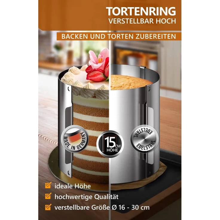 Aurelia Home Tortenring verstellbar aus Edelstahl – 15 cm hoch, Ø 16–30 cm – Bild 2