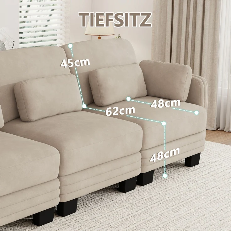 Modulares 3-Sitzer-Sofa 253x88x88 cm in Hellbraun mit Chenillebezug und verschiebbaren Kissen – Bild 6