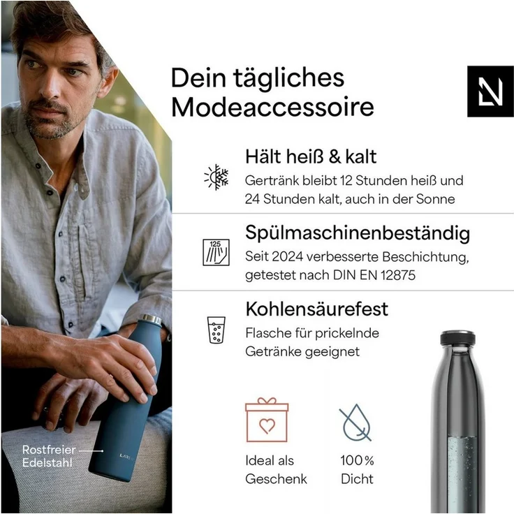 LARS NYSØM Edelstahl Trinkflasche 350ml, 500ml, 750ml, 1L, 1 5 liter | Thermosflasche Kohlensäure geeignet | Auslaufsichere Wasserflasche für Sport, Outdoor, Schule (Stainless Steel, 500ml) – Bild 2