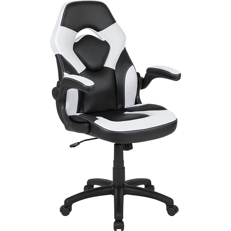 Flash Furniture Gaming Stuhl mit hoher Rückenlehne – Ergonomischer Bürosessel mit verstellbaren Armlehnen und Netzstoff – Perfekt als Zockerstuhl und fürs Home Office – Weiß
