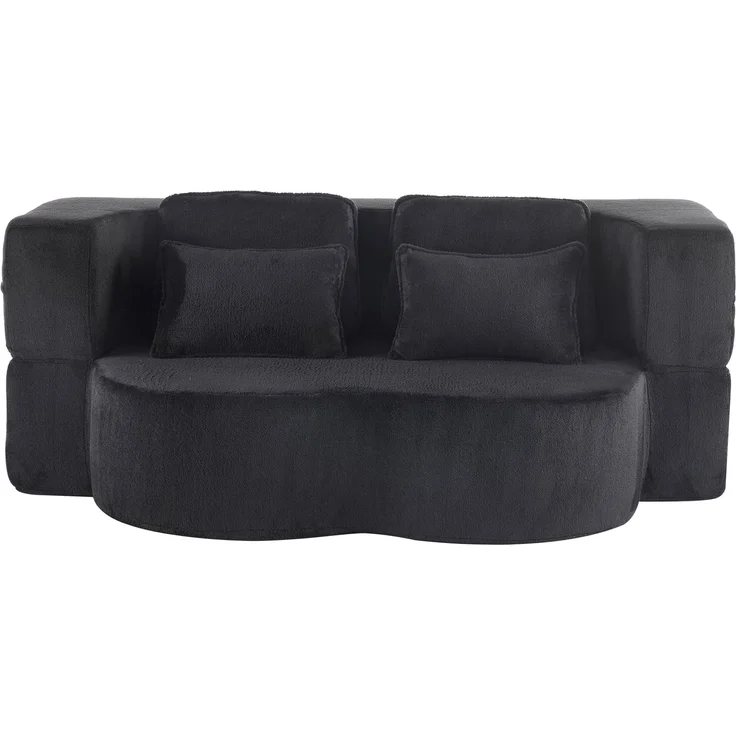 Großes modernes schwarzes Bodensofa mit 4 Wurfkissen, bequemes Flanellsofa, hochdichte Schaumstoff-Klappmatratze, geeignet für Wohnzimmer, Gästezimmer, Schlafzimmer, kein Zusammenbau erforderlich--Schwarz--198x60x76cm--YOUDENOVA – Bild 9