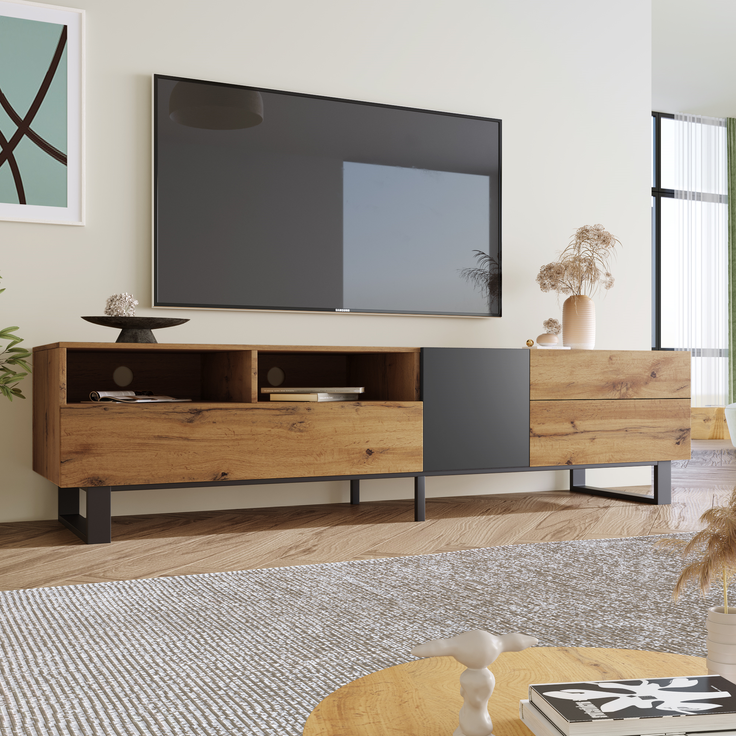TV-Schrank 180 cm Eiche und Anthrazit, modernes Lowboard mit Flügeltür, Schubladen und offenen Fächern – Bild 3