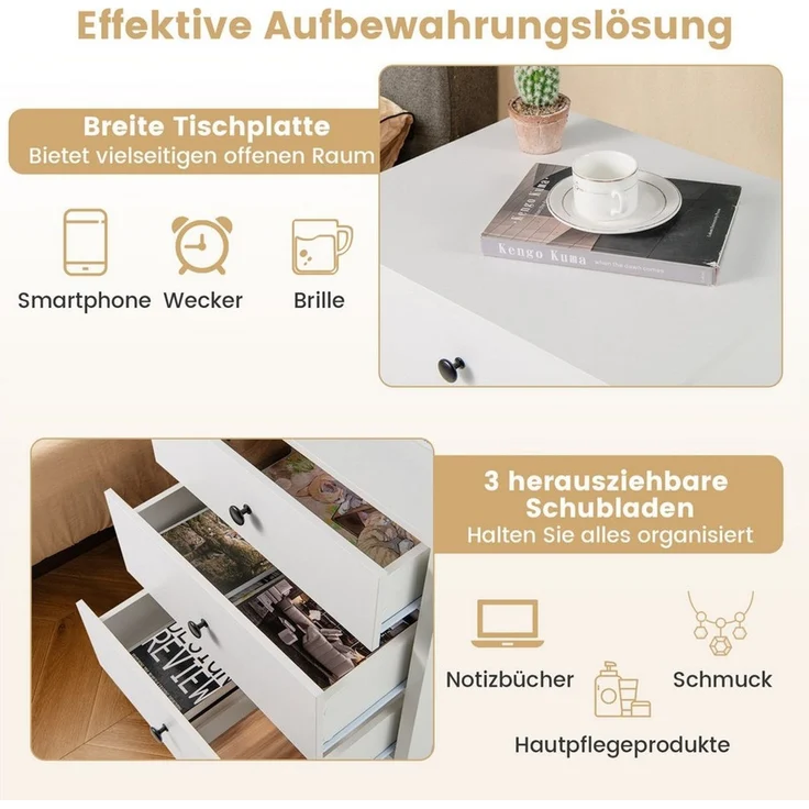 COSTWAY Nachttisch (1-St), Nachtkommode, mit 3 Schubladen, 56x45x66cm – Bild 2