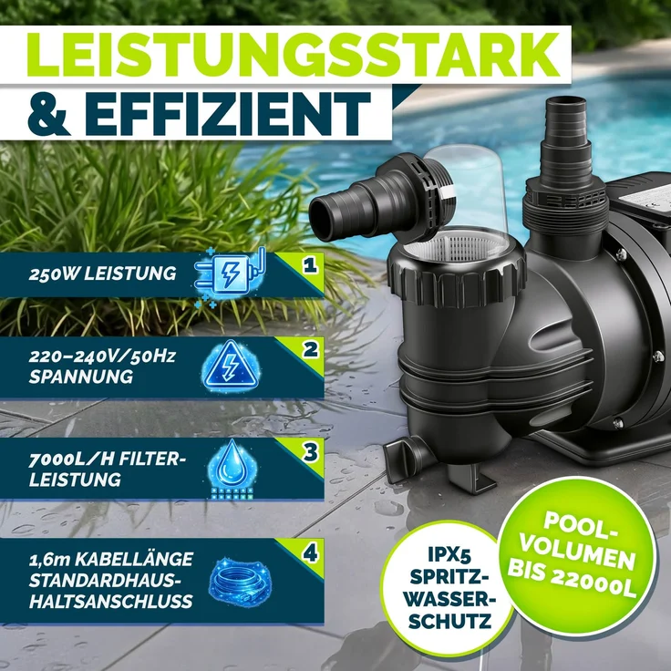 tillvex® Filterpumpe Pool 7.000L/h & 250W | Schwimmbadpumpe Förderhöhe max. 7,5m | Poolfilter Umwälzpumpe für 22m³ Pools | Poolpumpe selbstansaugend für Pools Aufstellpool Spa mit Vorfilter – Bild 3