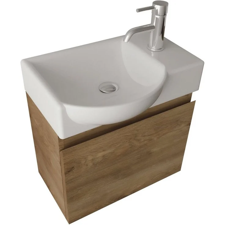 Alpenberger Badmöbel-Set - Gäste WC Waschbecken mit Unterschrank 45 cm Breit, (Badschrank 2-tlg, Waschtisch hängend), Waschbeckenunterschrank mit Softclose - Farbe Eiche - Links Becken – Bild 1