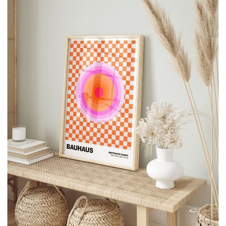 JUSTGOODMOOD Poster Bauhaus Abstrakte Kunst Pink Orange Kreis auf Schachbrett Muster Moder, (1 St) – Bild 3