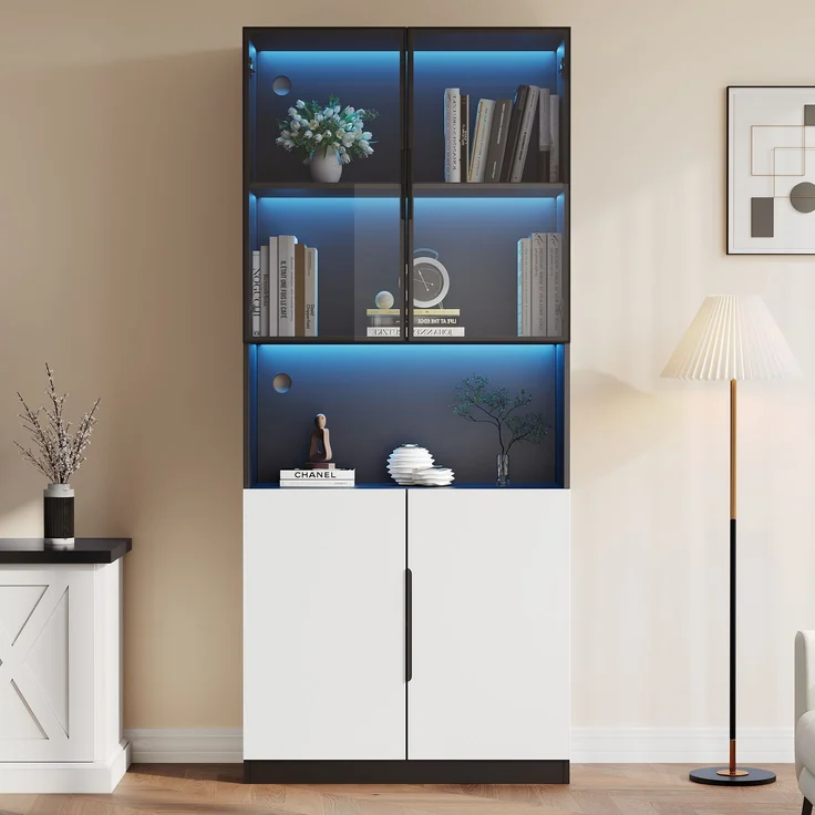 Moderne minimalistische Vitrine mit Glastüren, Vitrine mit LED-Leuchten, Bücherregal für Sammlerstücke, einstellbare Farbtemperatur und Helligkeit, weiße Türen mit schwarzer Dekoration, 80*30*200cm--Weiß--94.49x50.8x19.51cm--YOUDENOVA – Bild 1