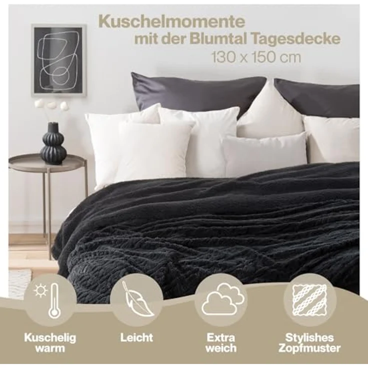 Blumtal Wohndecke, Oeko-TEX zertifiziert, waschbar, weiche Sherpa-Innenseite, Schwarz, 130x150 cm – Bild 4