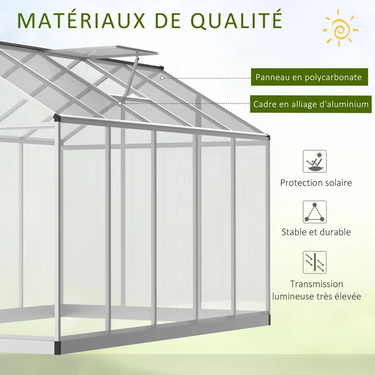 MELAYR, Gewächshaus aus Aluminium und Polycarbonat (3 x 2 m), 5,5 m², Fundament, Oberlicht, Türriegel, Transparent – Bild 6