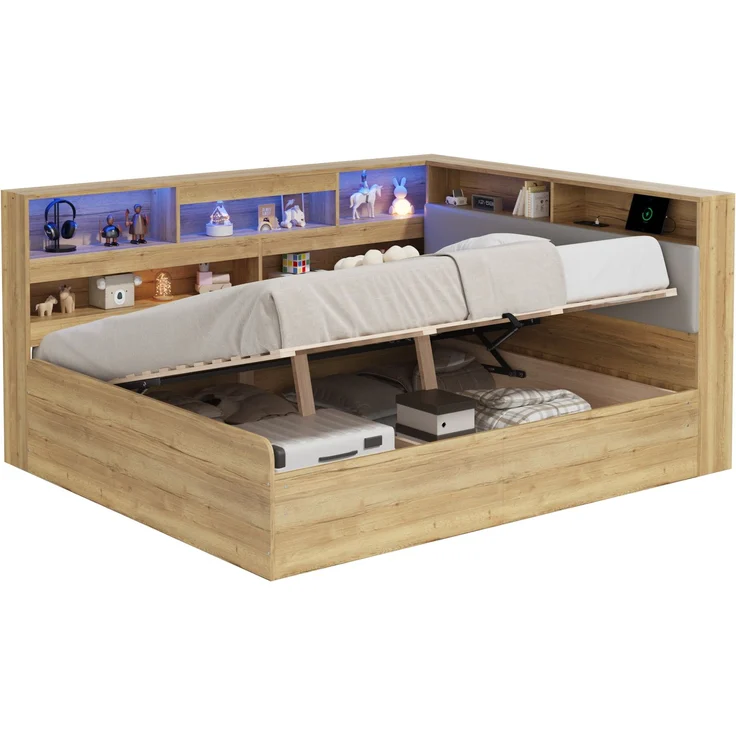 Merax Kinderbett 140x200 cm, Holzbett, Jugendbett, Daybett, Hydraulisches Stauraumbett, mit USB-Ladestation und LED-Beleuchtung, Naturfarbe – Bild 10