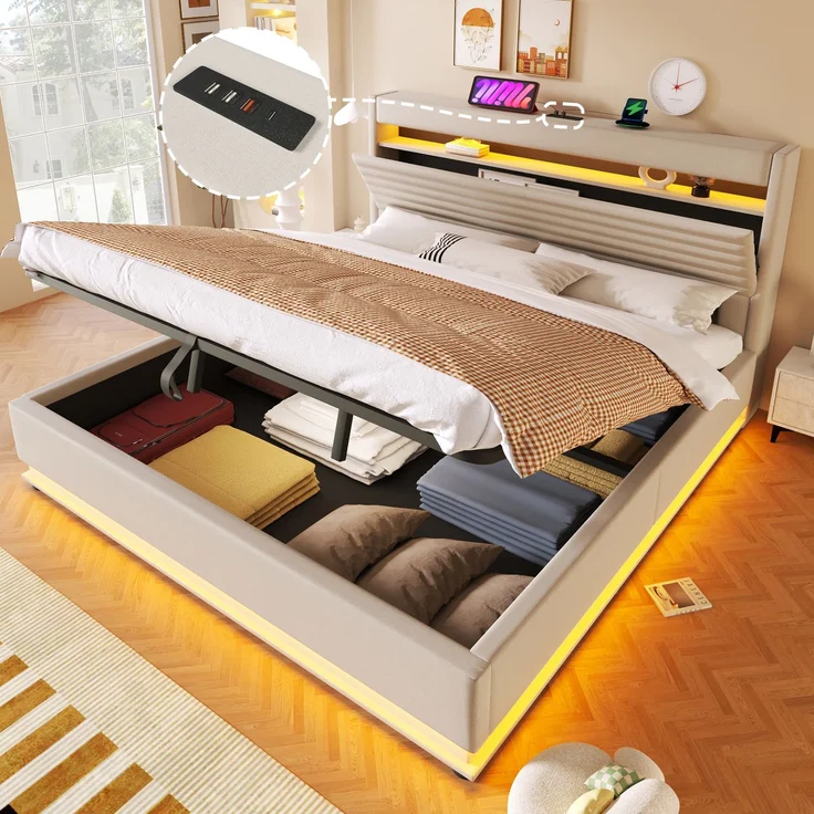 Merax Polsterbett, 180x200 cm, Doppelbett Mit USB Typ-C Ladefunktion, LED-Beleuchtung, Hydraulische Lagerung, Flip-Top-Aufbewahrungsfach, Ohne Matratze, Leinen, Beige – Bild 3