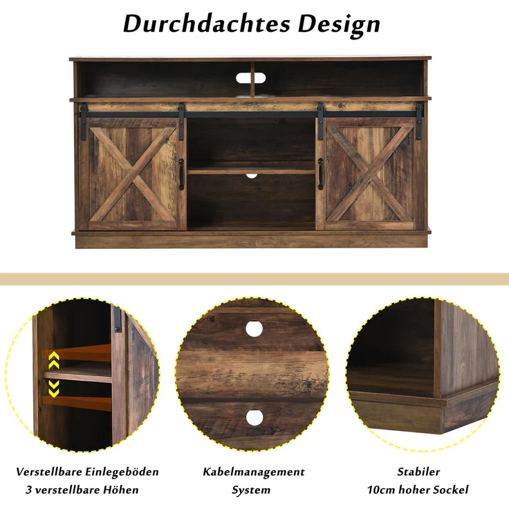 TV-Schrank 148 x 40 x 78 cm für Fernseher bis 65 Zoll, Rustikales Design mit Schiebetüren, 8 Ablagefächern, 2 höhenverstellbaren Regalen – Bild 7