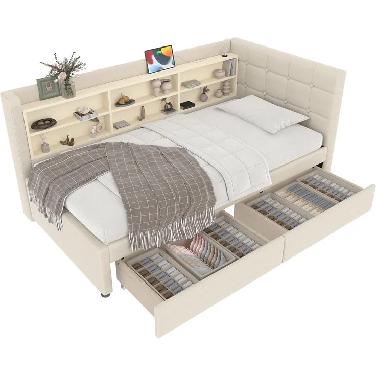 Daybett 90x200 cm mit 2 Schubladen, USB- & Typ-C-Anschlüssen, gepolstertem Leinenbezug und elegantem Knopfdesign, Beige – Bild 8