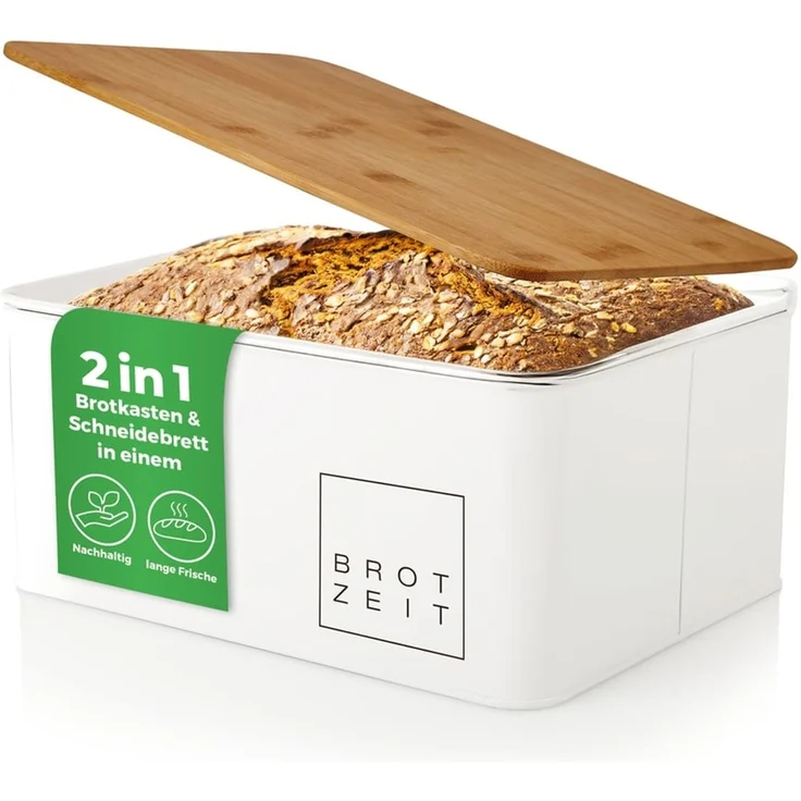Lumaland Cuisine Brotkasten | Brotdose aus Metall mit Bambus Deckel | Brotbox rechteckig 30,5 x 23,5 x 14 cm | 2in1 Brotbehälter & Schneidebrett [Weiß] – Bild 1