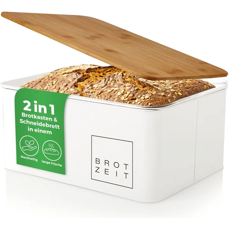 Lumaland Cuisine Brotkasten | Brotdose aus Metall mit Bambus Deckel | Brotbox rechteckig 30,5 x 23,5 x 14 cm | 2in1 Brotbehälter & Schneidebrett [Weiß]