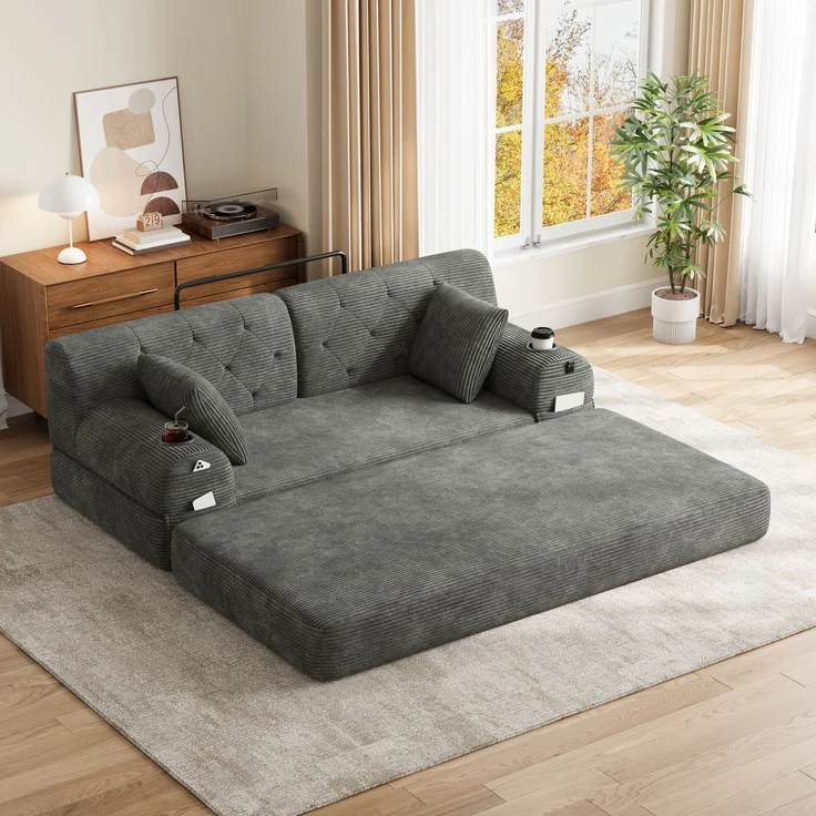 TavilaEcon 2-Sitzer Schlafsofa, komprimiertes Cord Sofa mit hoher Rückenlehne grau 81 × 80 × 168 cm (H × T × B) – Bild 9