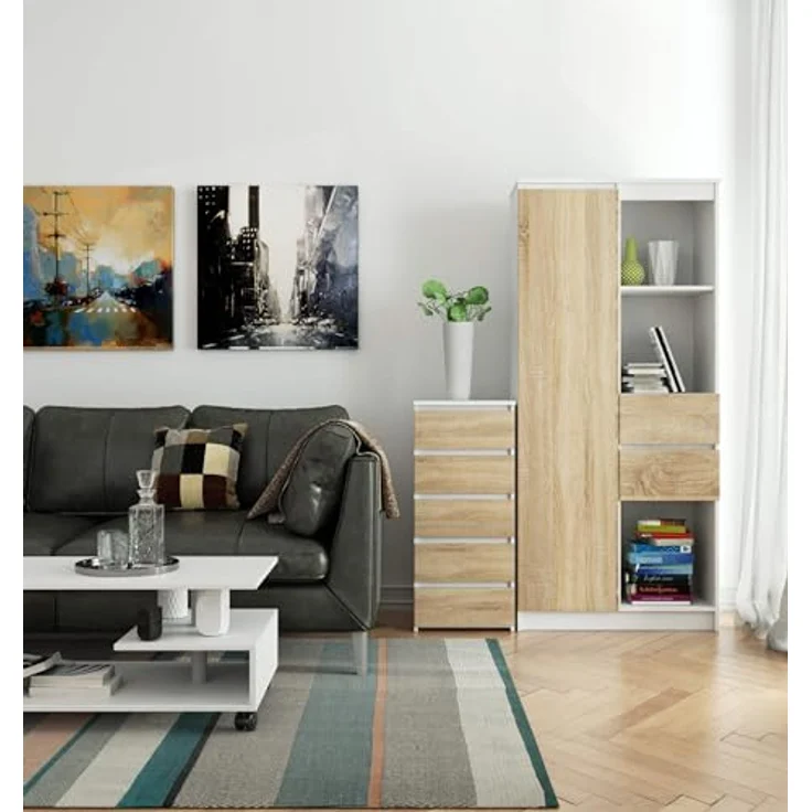 Home Collective Kommode 40 cm breit Holz Highboard Sideboard für Flur Schlafzimmer Wohnzimmer (Mehrzweckschrank Schrank schmal Kommode Schlafzimmer mit Schubladen), Kinderzimmer Organizer, 92 cm hoch mit 5 Schubladen weiß-sonoma Eiche – Bild 3