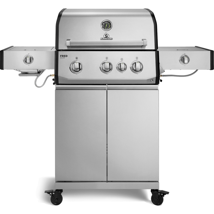 BURNHARD® Gasgrill 3-Brenner, 900°C Infrarot-Keramikbrenner, Longlife Premium-Gussbrenner, Seitenkochfeld, Edelstahl, Piezo-Zündung, Edelstahlrost – FRED Deluxe+ - Silber - #947133