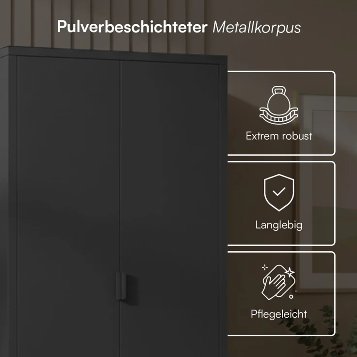 skølm 'Ituri' Kleiderschrank mit 2 Schubladen, Metall, 170x45x80 cm, schwarz, Garderobe mit 4 Fächern und 2 Kleiderstangen – Bild 4