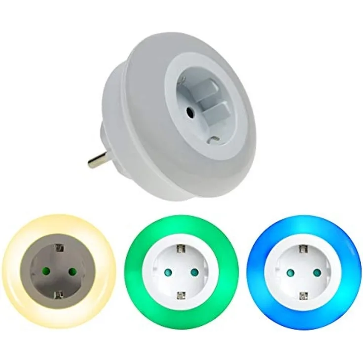 TRANGO LED Nachtlicht, Farbwechsel, 1er Set 11-053 LED Kindernachtlicht mit Steckdose Orientierungslicht, Nachtlampe incl. Helligkeits- Dämmerungssensor & Touchschalter, warmweiß, Blau, Grün, für drei LED Farbeinstellung warmweiß-blau-Grün Sicherheitsl...