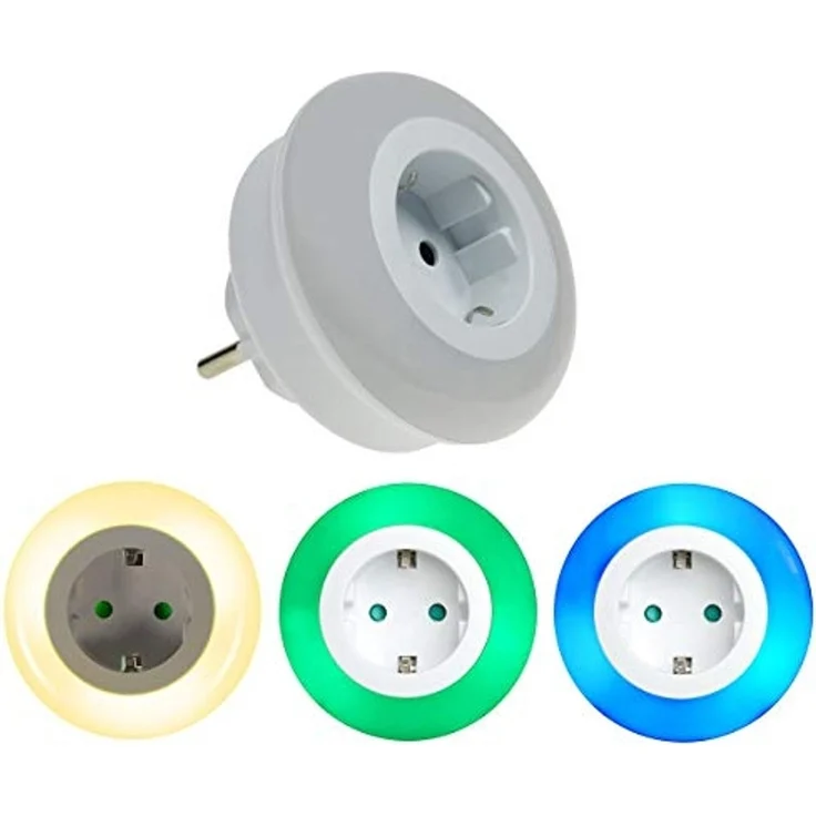 TRANGO LED Nachtlicht, Farbwechsel, 1er Set 11-053 LED Kindernachtlicht mit Steckdose Orientierungslicht, Nachtlampe incl. Helligkeits- Dämmerungssensor & Touchschalter, warmweiß, Blau, Grün, für drei LED Farbeinstellung warmweiß-blau-Grün Sicherheitsl... – Bild 1