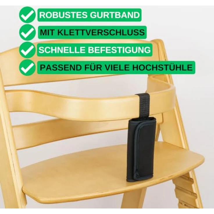 Schrittgurt mit Gurtpolster für Hochstuhl, 1 Set, Schwarz, kompatibel mit Hauck Alpha Beta, Stokke Tripp Trapp, roba Sit Up, Gurtschoner für Frontbügel, weiches Gurtpolster – Bild 2