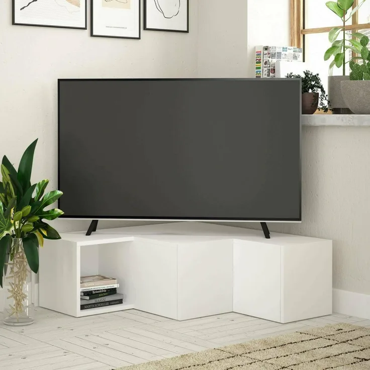 Dmora TV-Schrank Alya 90x92x32 cm Weiß, 2 Schubladen, 3 Fächer