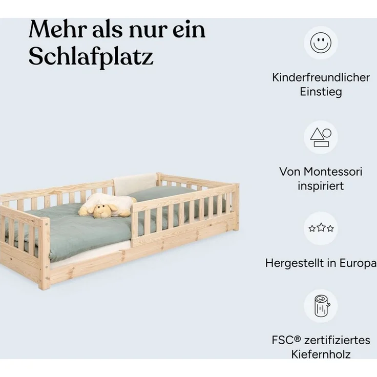 Ehrenkind Kinderbett Bodenbett aus aus massivem Kiefernholz mit Rausfallschutz (Hochwertiges Kinderbett aus FSC® zertifziertem Holz / Bodenbett in 90x200, Montessori Kinderbett 90x200cm), Bodenbett 90x200 cm, aus FSC zertifiziertem Holz – Bild 2