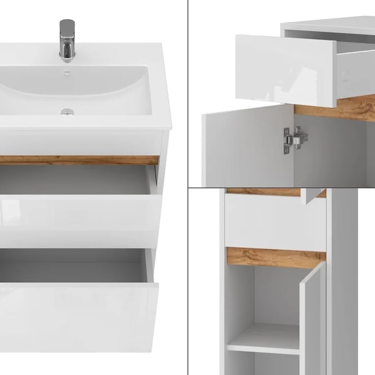 Badmöbel-Set Detmold Weiß Hochglanz/Goldkraft Eiche 5er-Set Vicco – Bild 6