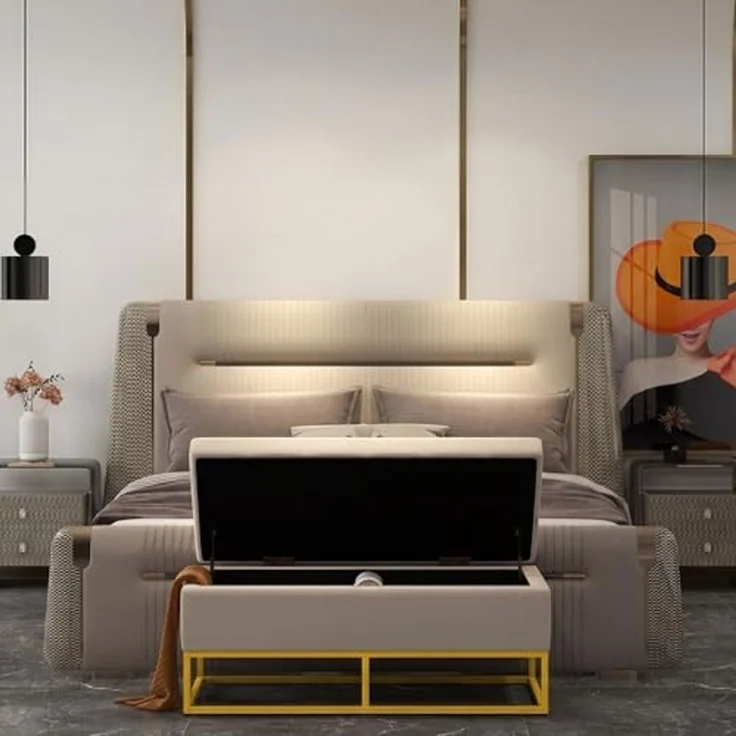 HOMCOM Sitzbank Truhenbank mit Stauraum und Stahlbeine (Aufbewahrungsbank, 1-St, Lagerbank), Beige, 110 x 44 x 49 cm – Bild 7