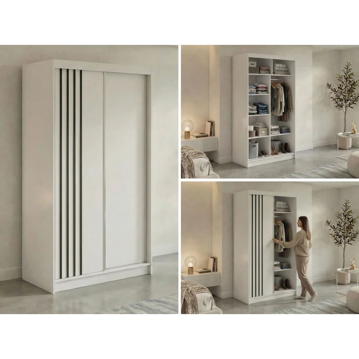 Schwebetürenschrank NAURU mit Lamellen-Optik, moderner Kleiderschrank, Breite 120 cm, inkl. Innenausstattung & Stauraum, Akustikpaneel-Design - Weiß und Schwarz – Bild 2