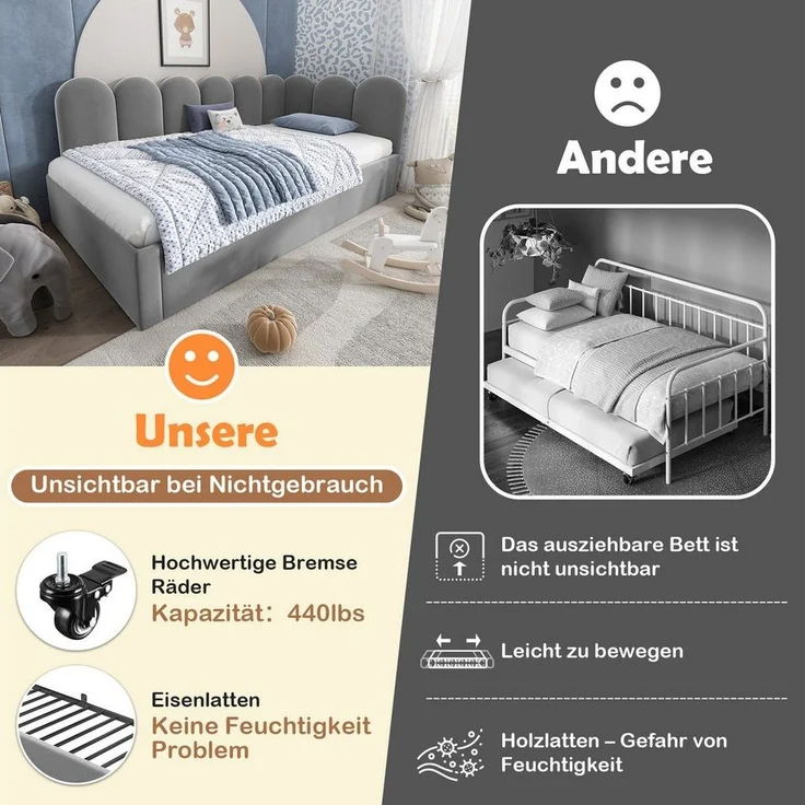Odikalo Stauraumbett Kinderbett Polsterbett Tagesbett Schlafsofa Samt 90x190/200 Beige/Rosa – Bild 3