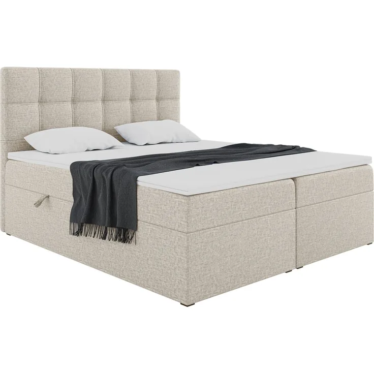 MEBLINI Boxspringbett NILS 140x200cm - H3/Beige Webstoff - mit Bettkasten - Polsterbett - Doppelbett mit Topper & Bonellfederkern-Matratze
