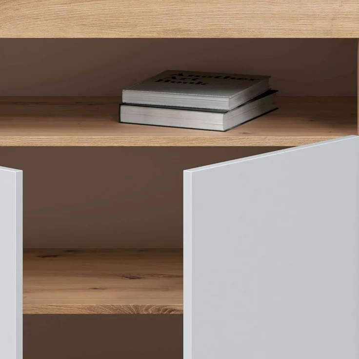 Habitdesign Anrichte mit 3 Türen, Buffet für Wohnzimmer, Beistellschrank, Modell Baltik, Weiß Artik und Nodi-Eiche, Maße: 144 cm (B) x 87 cm (H) x 42 cm (T) – Bild 5
