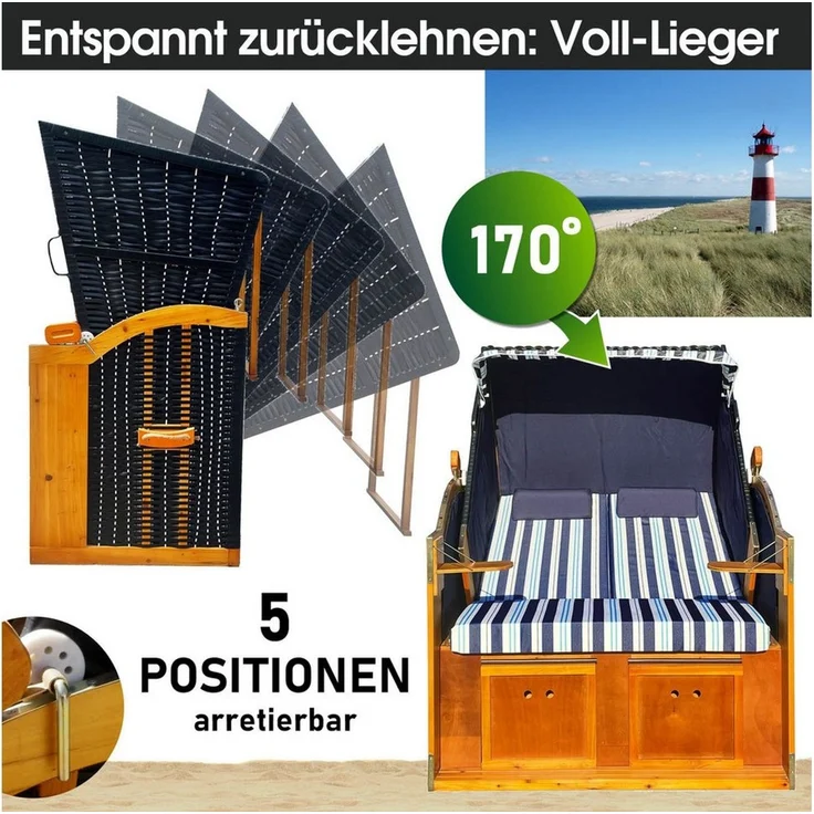 BRAST Strandkorb für 2 Personen, 120cm breit, 5 Designs, BxTxH: 120x79x150 cm, Volllieger, Rügen Deluxe, (verstellbare Rückenlehne weiches Fußkissen), inkl. wetterfeste Abdeckhaube – Bild 4