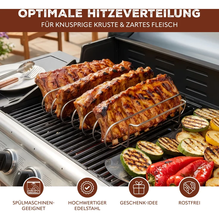 eluno Spareribs Halter, für bis zu 6 Spareribs für Smoker, Grill und Backofen, aus hochwertigem Edelstahl – Bild 2