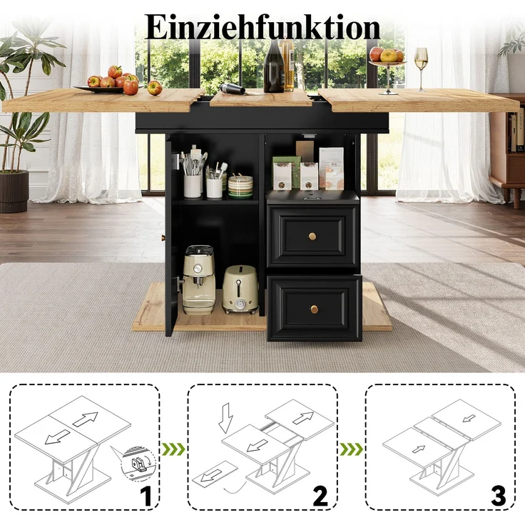 Ausziehbarer Esstisch 110/140x80x75 cm, Holzoptik, mit integriertem Stauraum (Tür, 2 Schubladen, Fach) – Bild 9