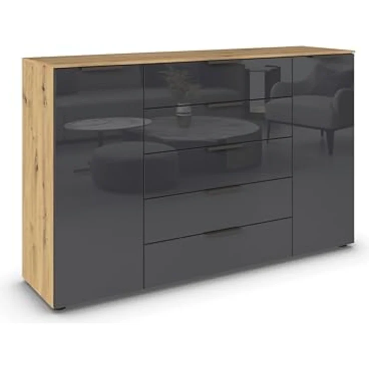 Rauch Möbel Flipp, Kommode für Schlafzimmer, Kinderzimmer, Wohnzimmer, Flur, Garderobe, 2-türig, 5 Schubladen, mit Softclose-Funktion, Farbe Eiche Artisan, Holz/Glas Basalt, Schwarz, Breite 160 cm – Bild 2