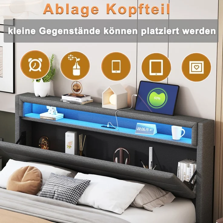 Polsterbett 140x200 cm mit USB-Steckdose und LED-Licht, wendbares Kopfteil, verdecktes Fußteil, Doppelflachbett, Jugendbett, Erwachsenenbett, Leinenstoff grau – Bild 4
